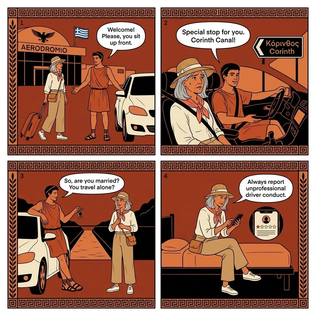 Athens Private-Driver Transfer Personal-Conduct Scam — comic illustration