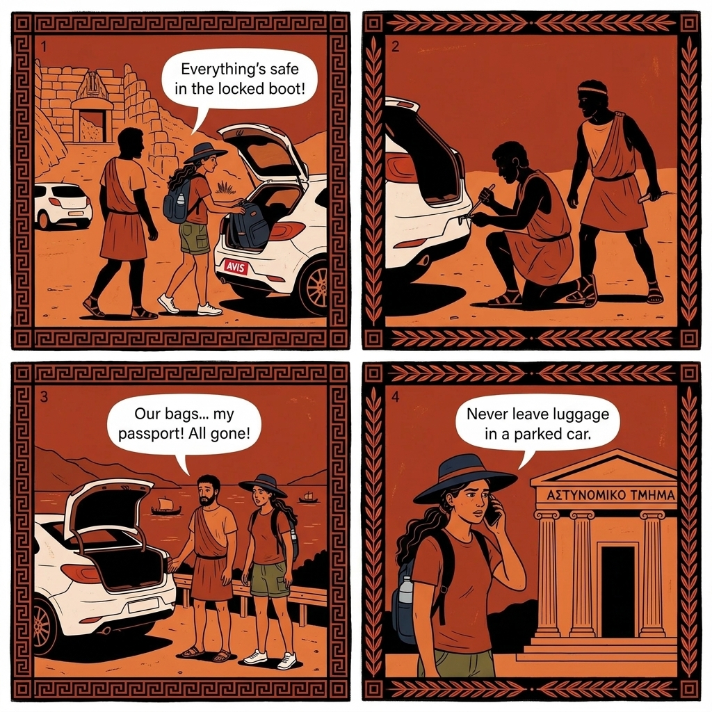 Mycenae Site Parking-Lot Rental-Car Break-In — comic illustration