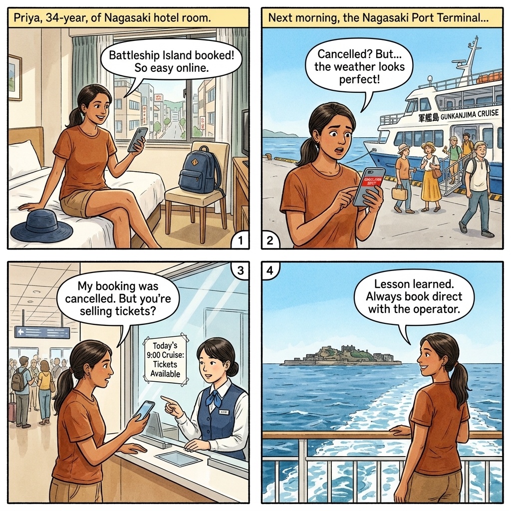 Klook Hashima Cruise Weather-Cancellation Refund Trap — comic illustration