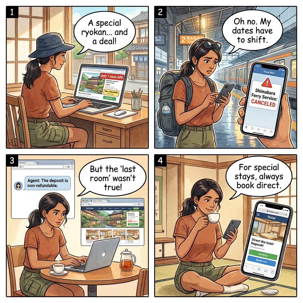 Booking.com Unzen-Nagasaki Ryokan Deposit Forfeit Trap — comic illustration