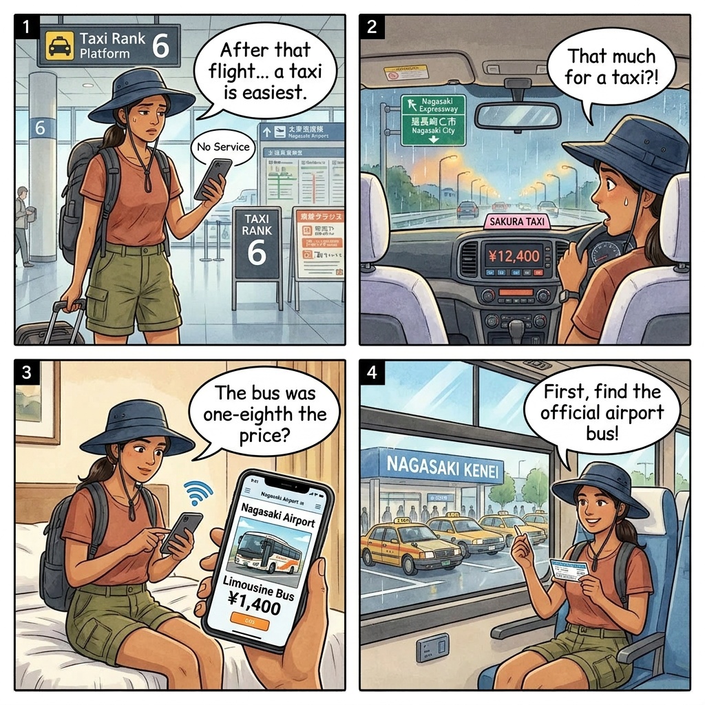 Nagasaki Airport Taxi-vs-Bus Markup — comic illustration