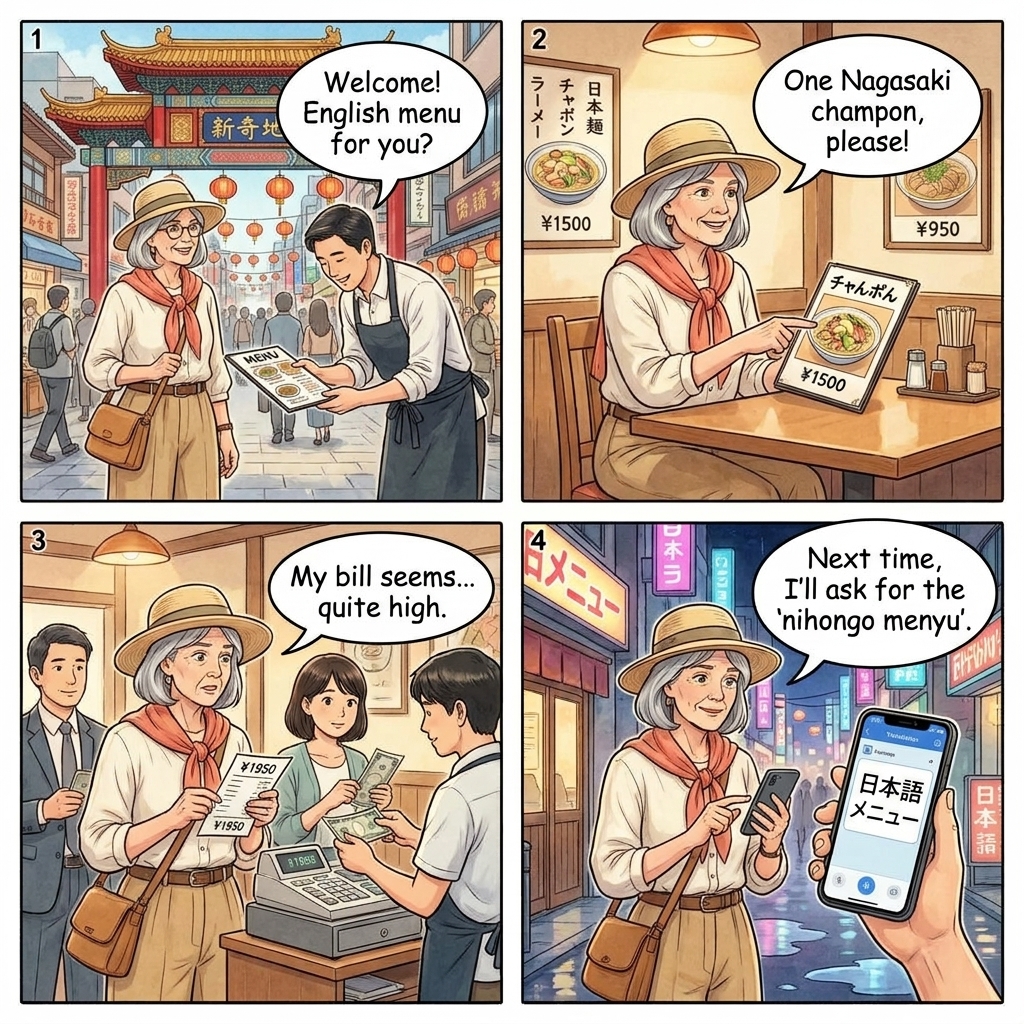 Shinchi Chinatown English-Menu Dual-Pricing Markup — comic illustration