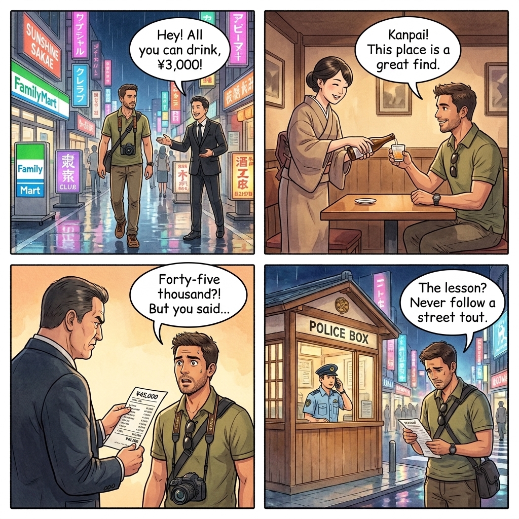 Sakae Bottakuri Bar Tout Overcharge — comic illustration