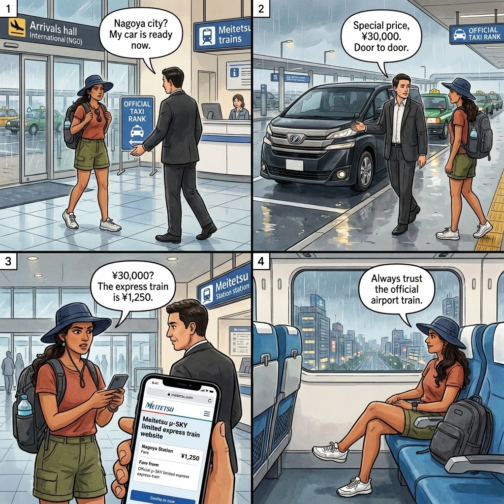 Centrair Airport Taxi Touts Versus μ-SKY — comic illustration