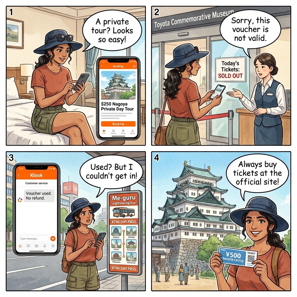 Klook Phantom Nagoya Castle Plus Toyota Museum Day-Tour Reseller — comic illustration