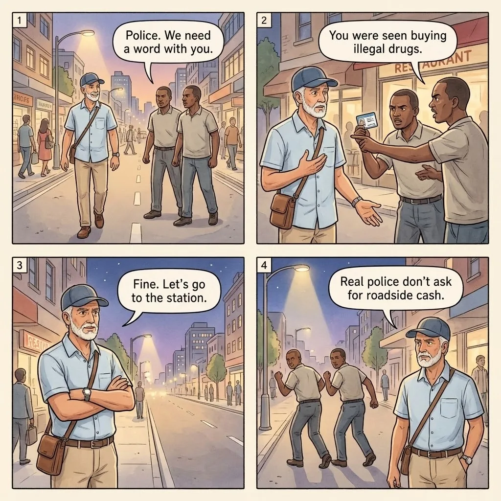 Fake Police Drug Shakedown — comic illustration
