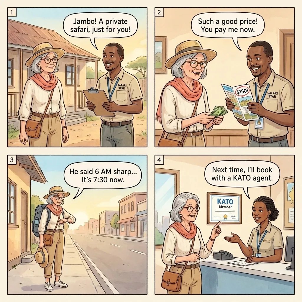 Safari Booking Fraud — comic illustration