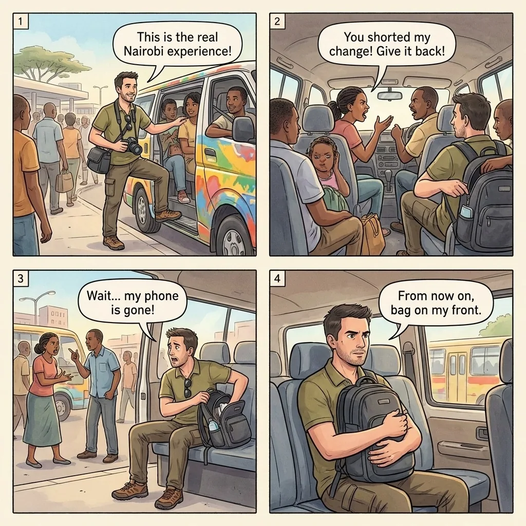 Matatu Distraction Theft — comic illustration