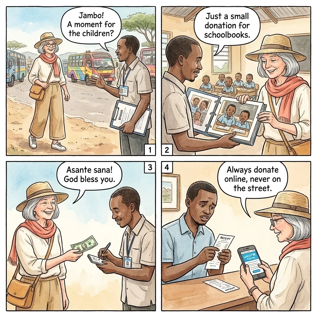 Fake Charity / Orphanage Donation Scam — comic illustration