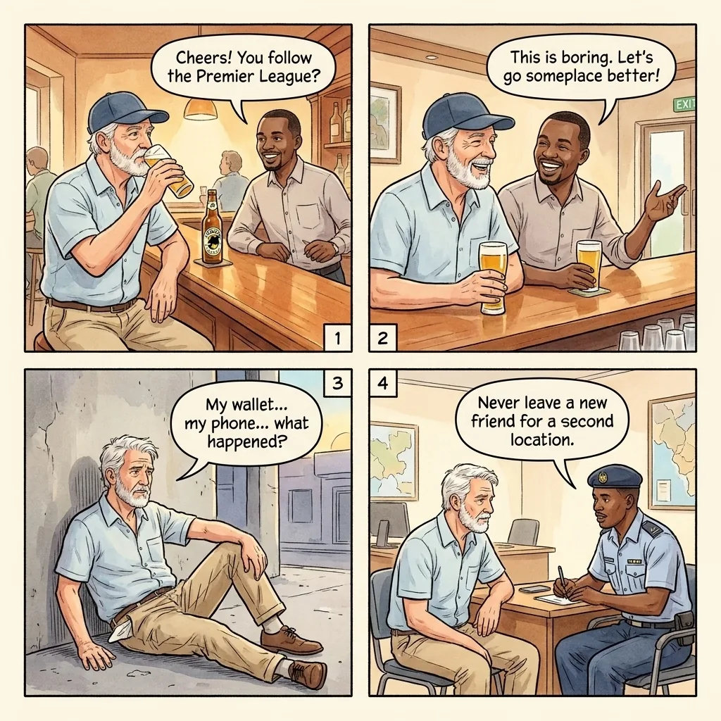 Friendly Local Drinks-and-Rob Scam — comic illustration