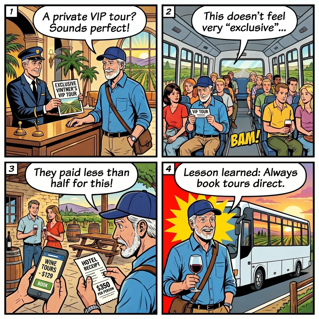 Napa Valley Wine Tour Operator Bait-and-Switch & Third-Party Reseller  — comic illustration
