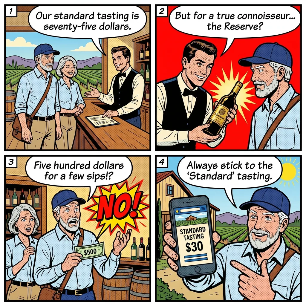 Napa Valley Tasting Room Fee Structure & 'Reserve Tasting' Upsell Conf — comic illustration