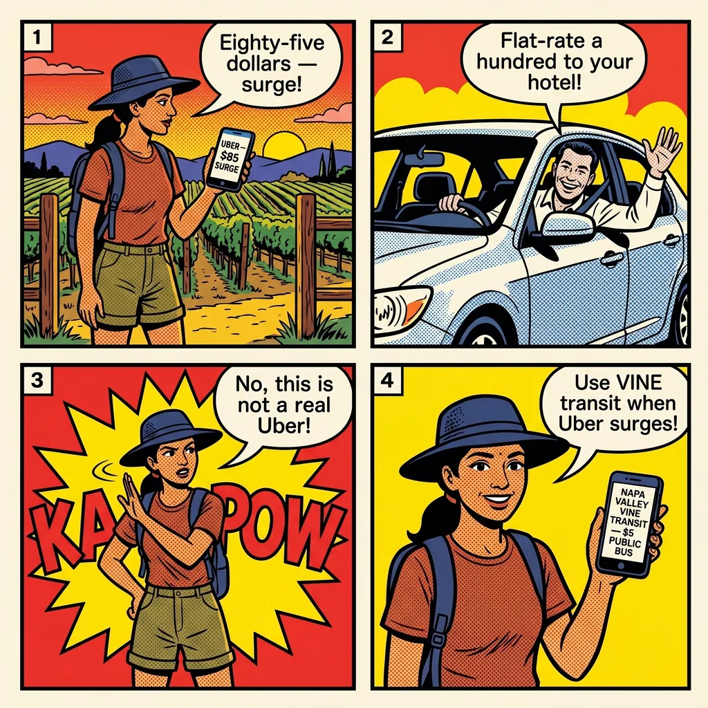 Napa Valley Uber / Lyft Availability & Taxi Overcharge — comic illustration