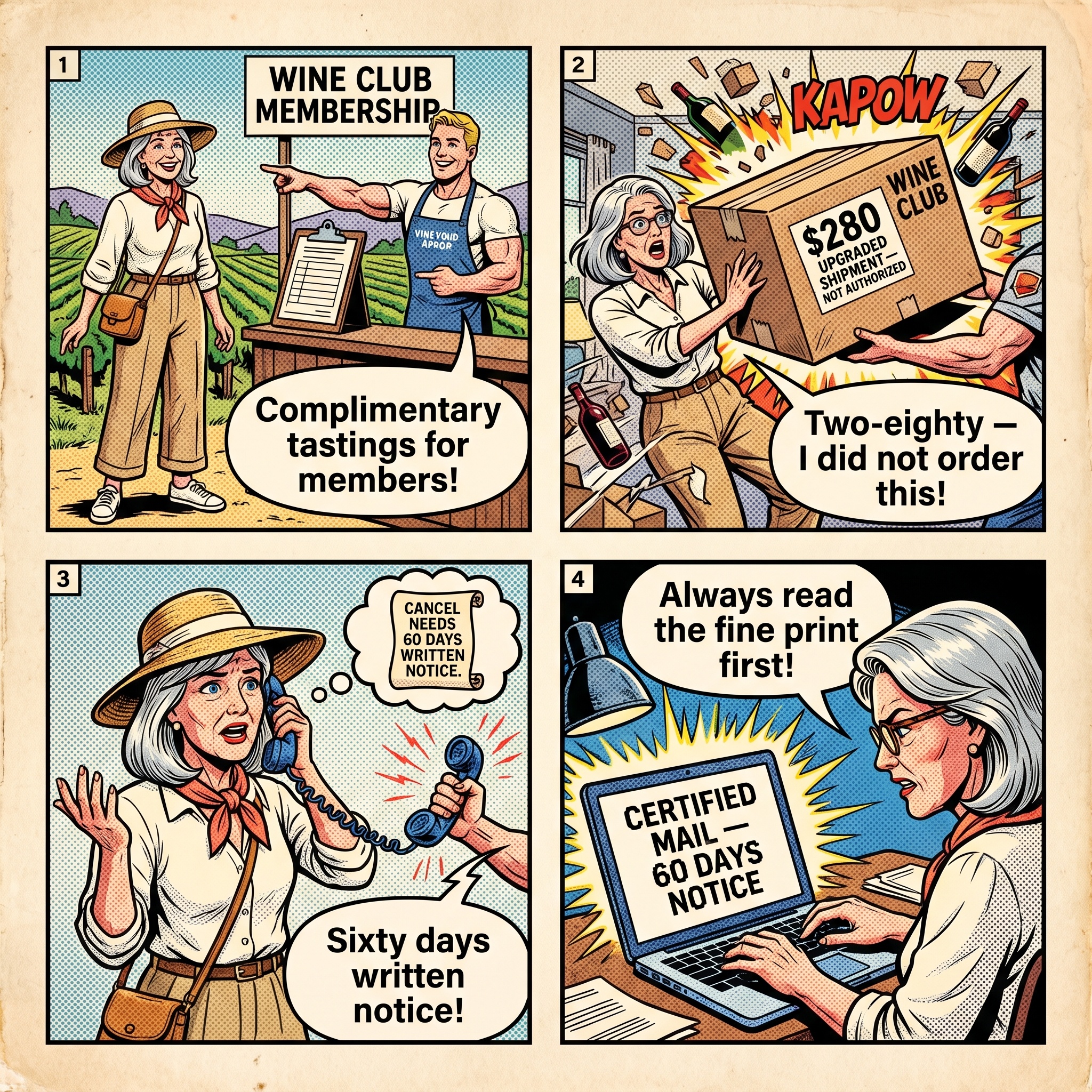 Napa Valley Wine Club Recurring Shipment & Cancellation Trap — comic illustration
