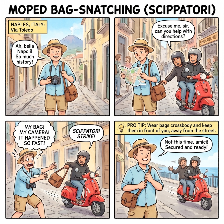 Naples Spaccanapoli scippo motorcycle bag-snatch comic, tourist with a single-shoulder bag walking down the narrow Decumano while a Vespa rider passes close