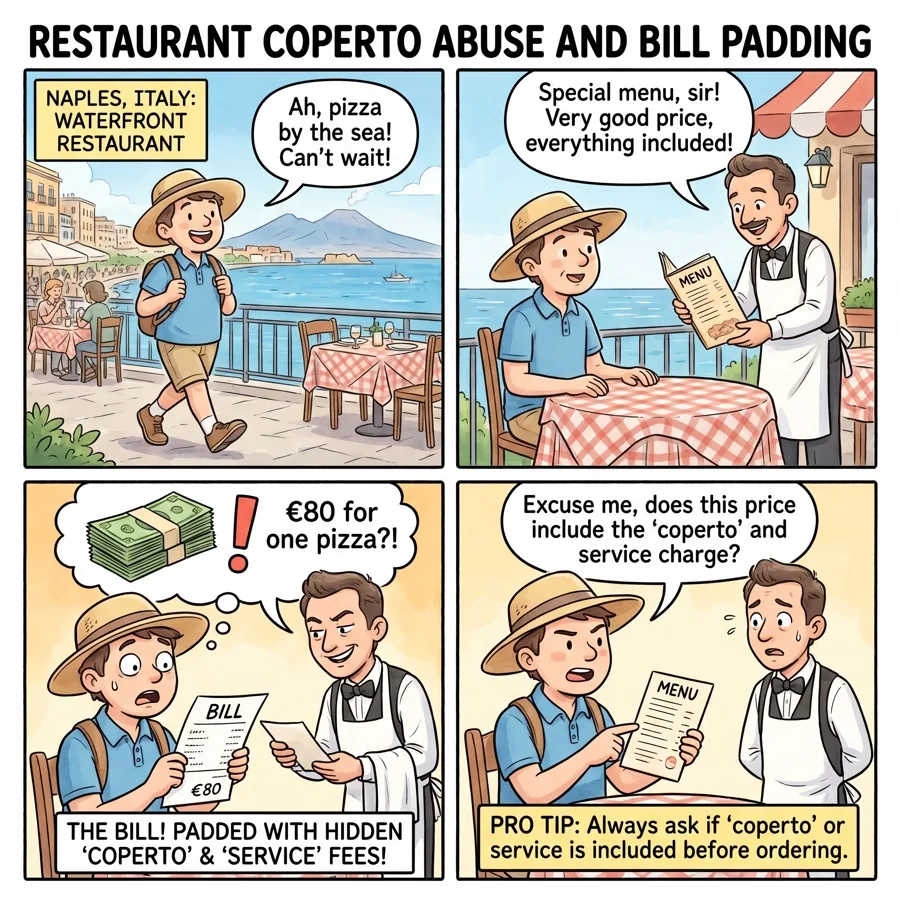 Restaurant Coperto Abuse and Bill Padding — comic illustration