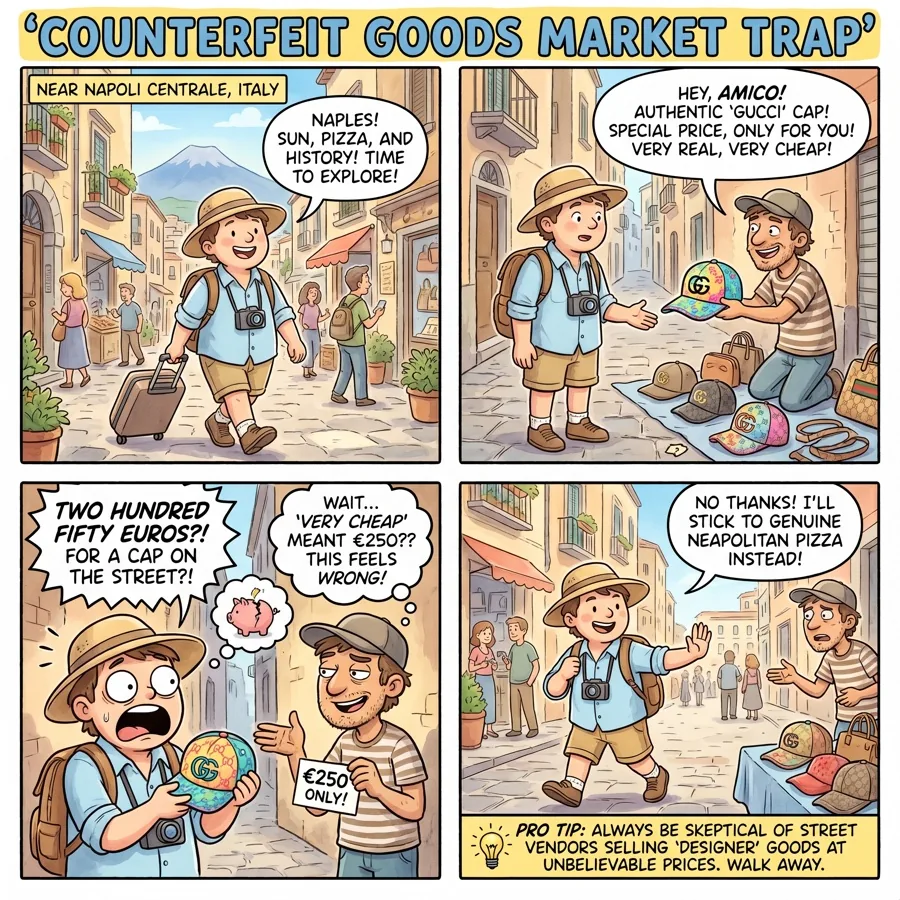 Counterfeit Goods Market Trap — comic illustration