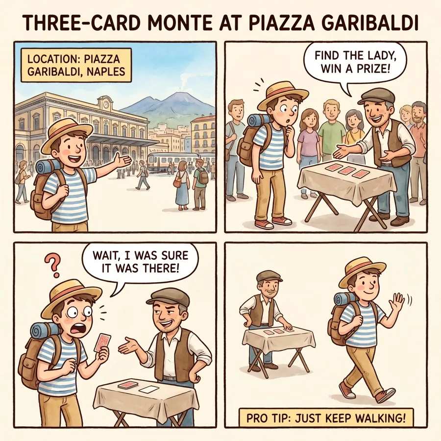 Three-Card Monte at Piazza Garibaldi — comic illustration