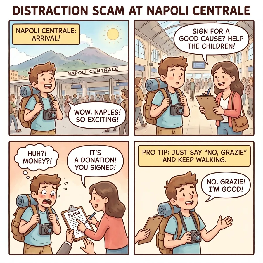 Distraction Scam at Napoli Centrale — comic illustration