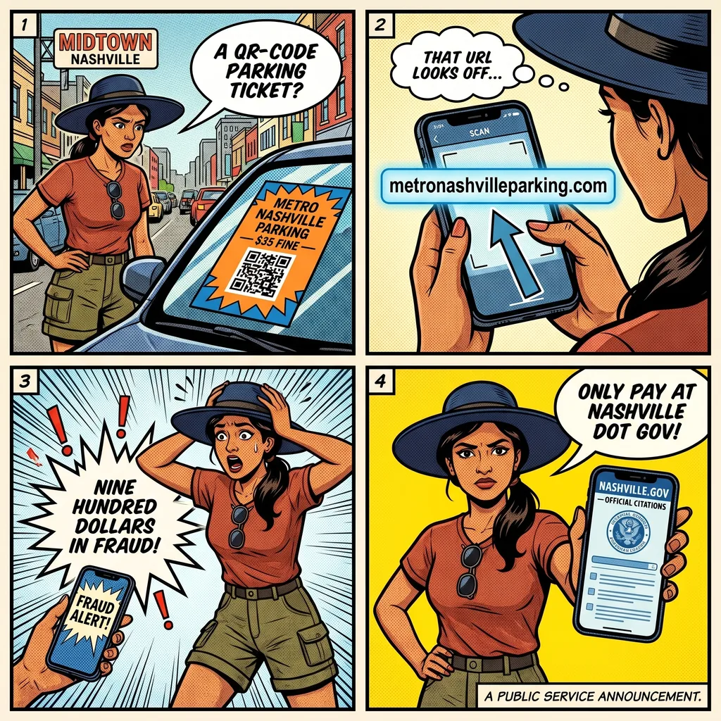 Fake Parking Ticket QR Code Scam — comic illustration