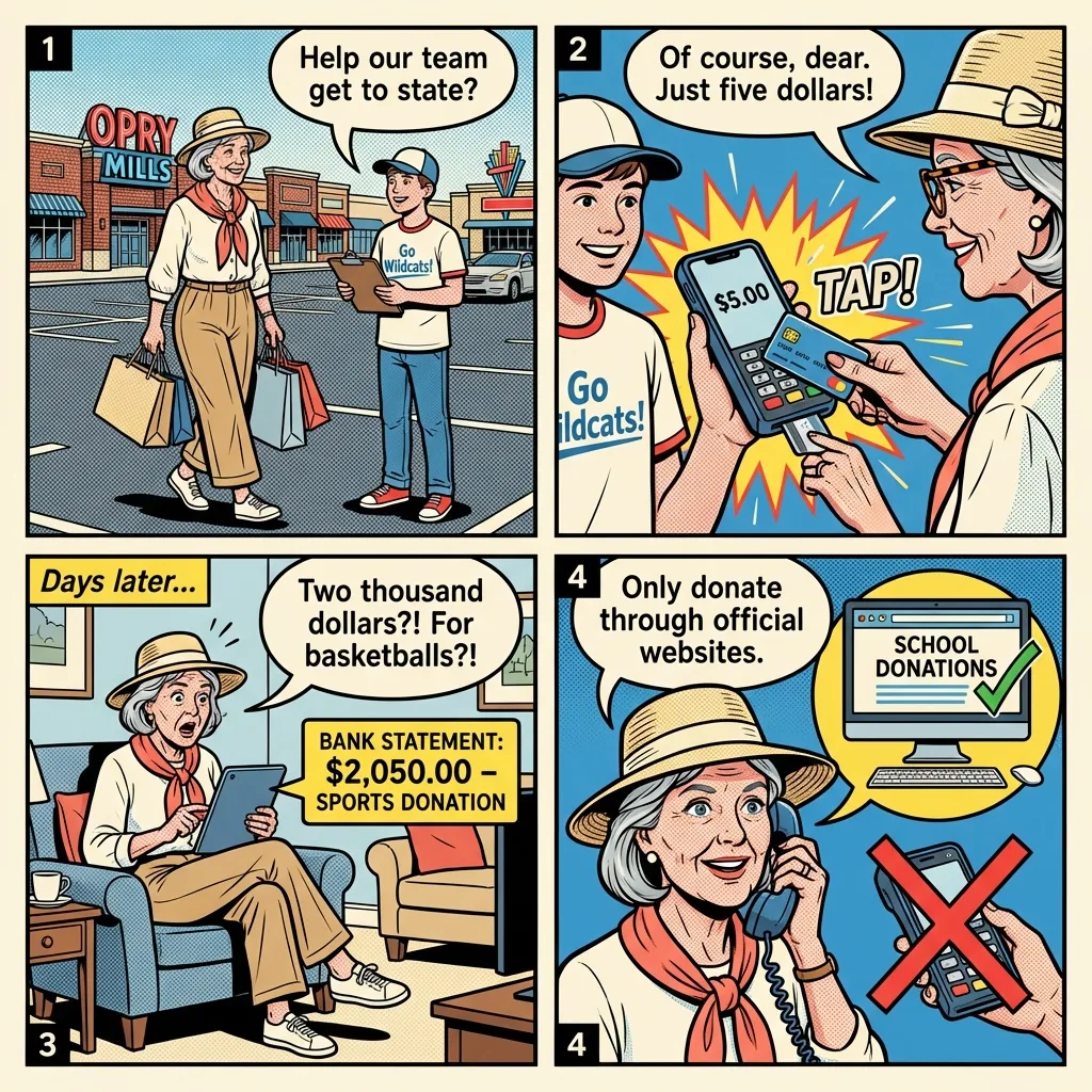 Parking Lot Fake Fundraiser Drain — comic illustration