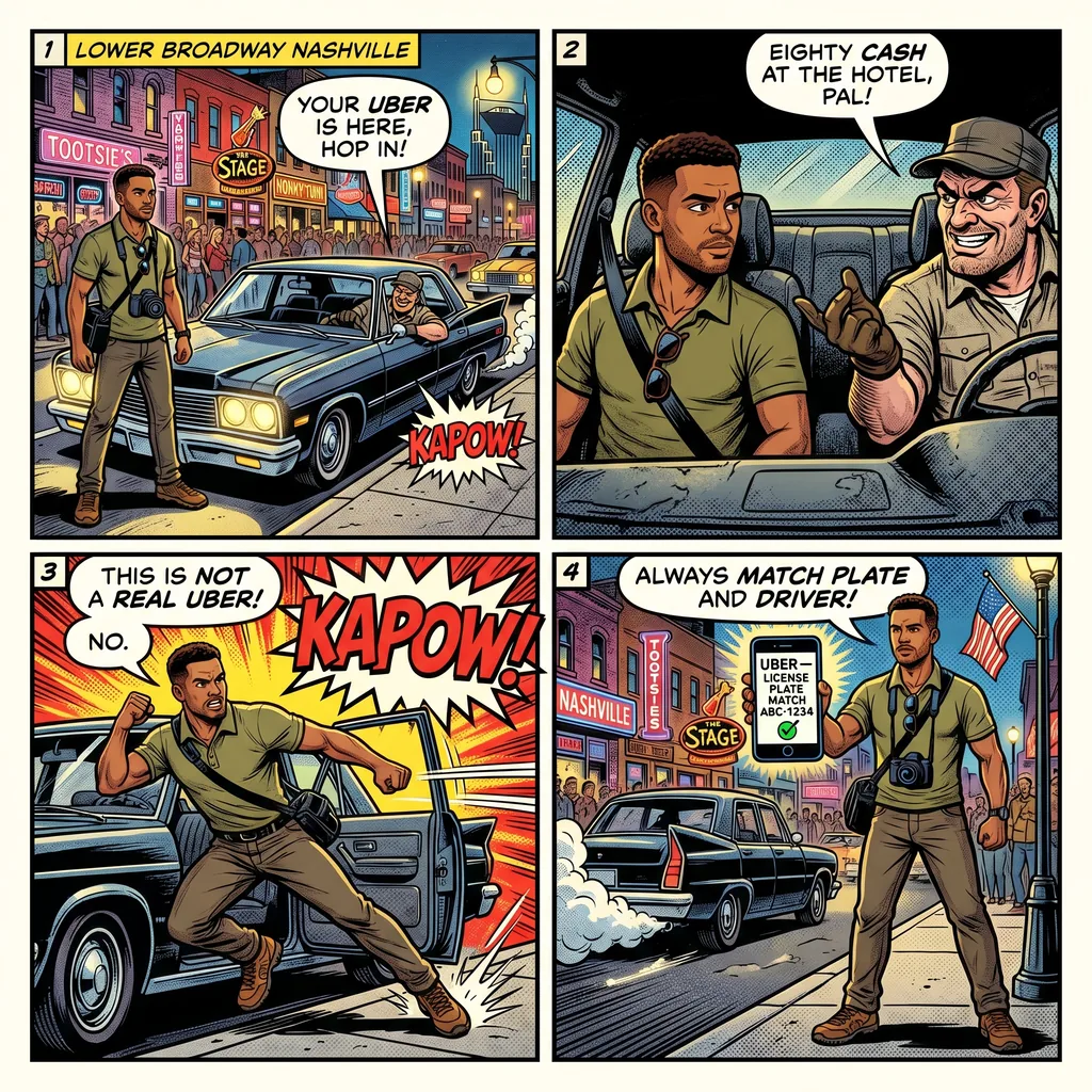 Fake Rideshare Driver Pickup — comic illustration