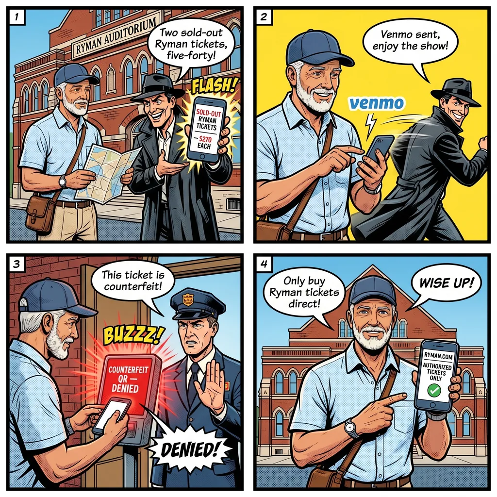 Counterfeit Concert Ticket Hustle — comic illustration