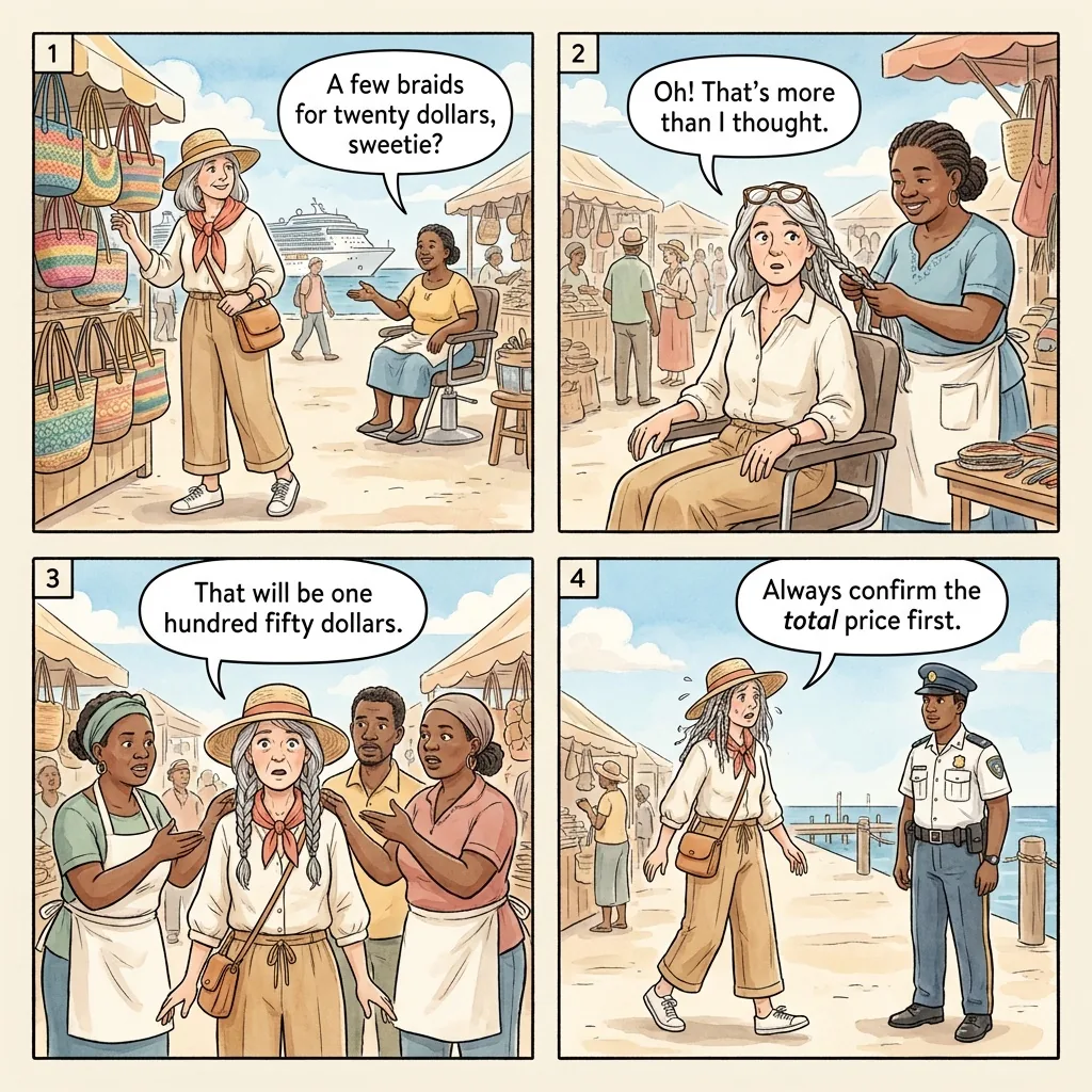Braided Hair / Straw Market Bait-and-Switch — comic illustration
