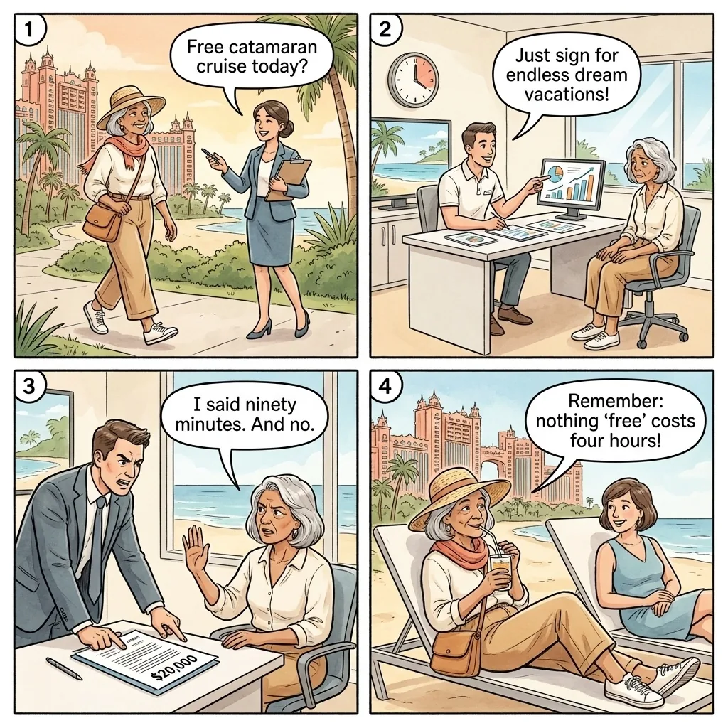 Timeshare / Vacation Club Presentation Trap — comic illustration