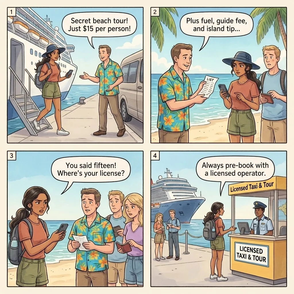 "Free" Guided Beach or Island Tour That Isn't Free — comic illustration