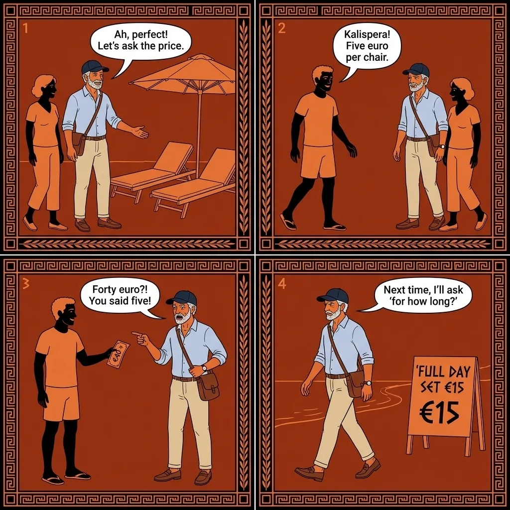 Naxos Beach Chair 'Per Chair' Pricing Scam — comic illustration