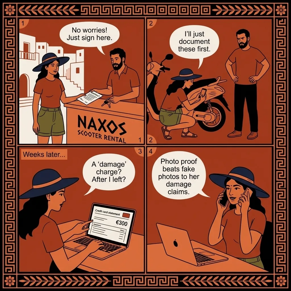 Matha Rent a Car Named Scooter Damage Scam — comic illustration