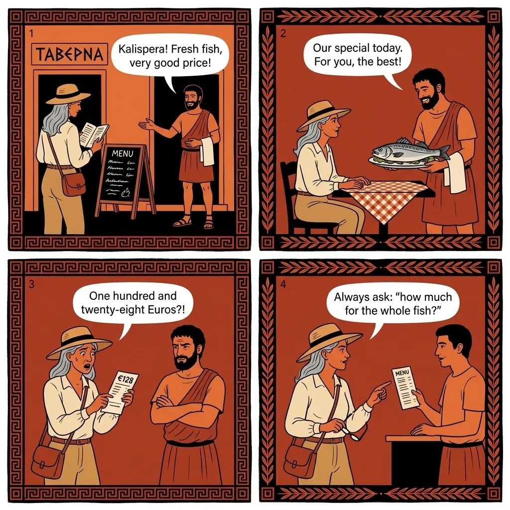 Naxos Chora Tourist-Menu Restaurant Overcharge — comic illustration