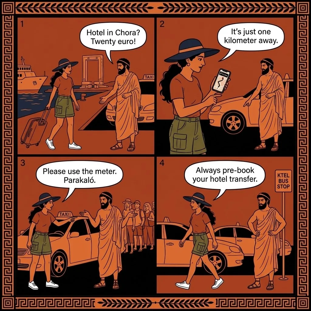 Naxos Port & Airport Taxi Overcharge — comic illustration