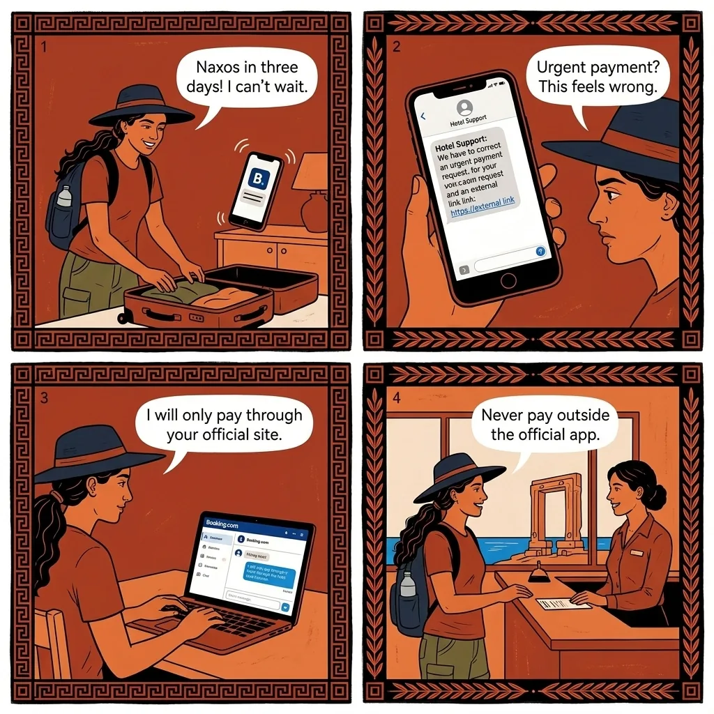 Hotel & Apartment Off-Platform Booking Fraud — comic illustration