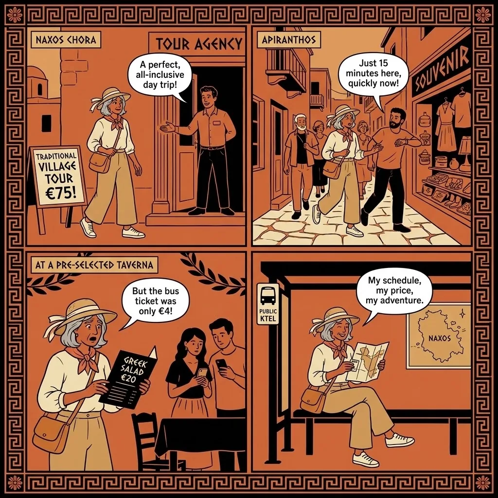 Naxos Tour Operator Day-Trip & 'Traditional Village' Markup — comic illustration