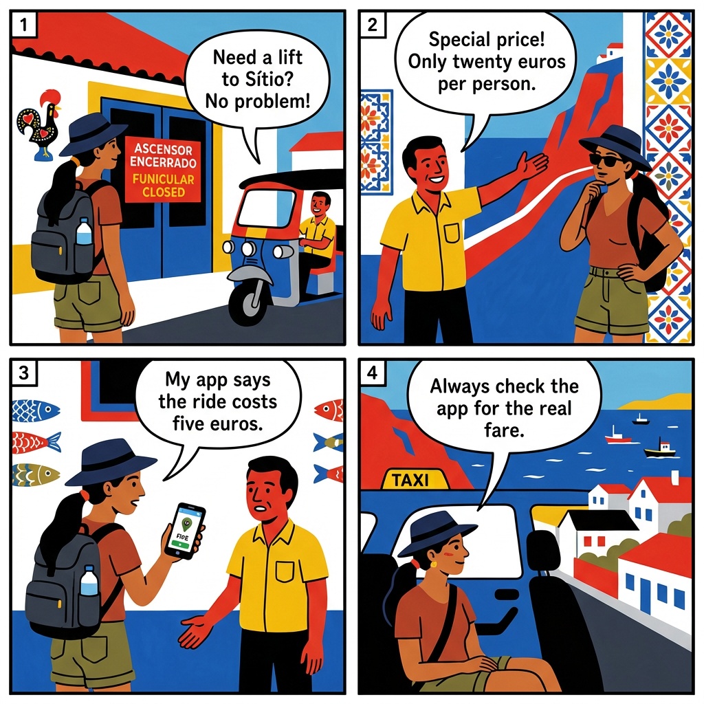 Sítio da Nazaré Transport Scam — Post-Elevator-Closure Overcharge — comic illustration