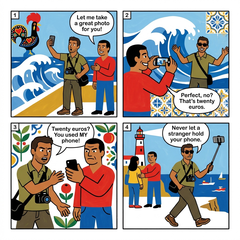 Sítio da Nazaré Photo-Tout & 'Seven Skirts' Widow Costume Scam — comic illustration