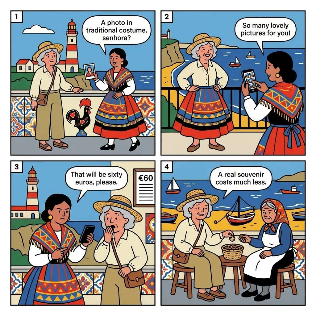 Sítio da Nazaré Photo-Tout & 'Seven Skirts' Widow Costume Scam — comic illustration