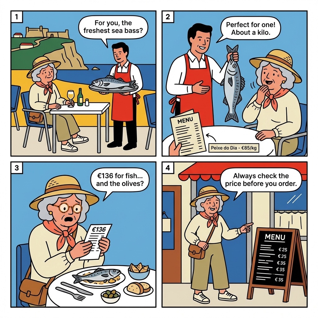 Nazaré Beachfront Restaurant Tourist-Menu Inflation — comic illustration