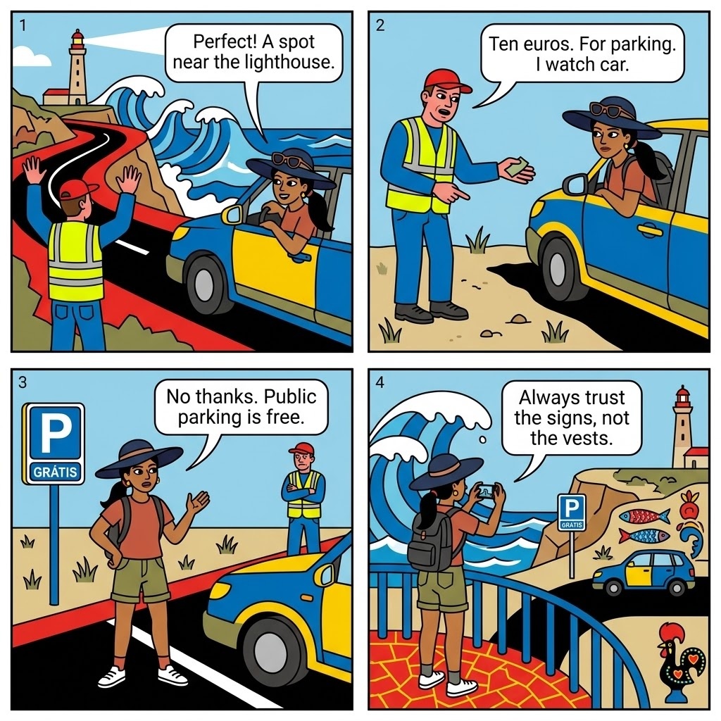 Praia do Norte Big-Wave Viewing Parking & 'Access Fee' Scam — comic illustration
