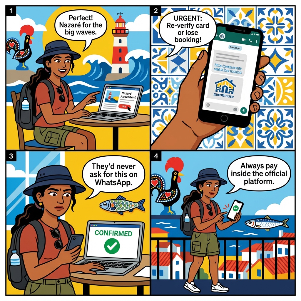 Nazaré Accommodation Fraud — Booking.com Phishing & Idealista Wire-Transfer Scam — comic illustration