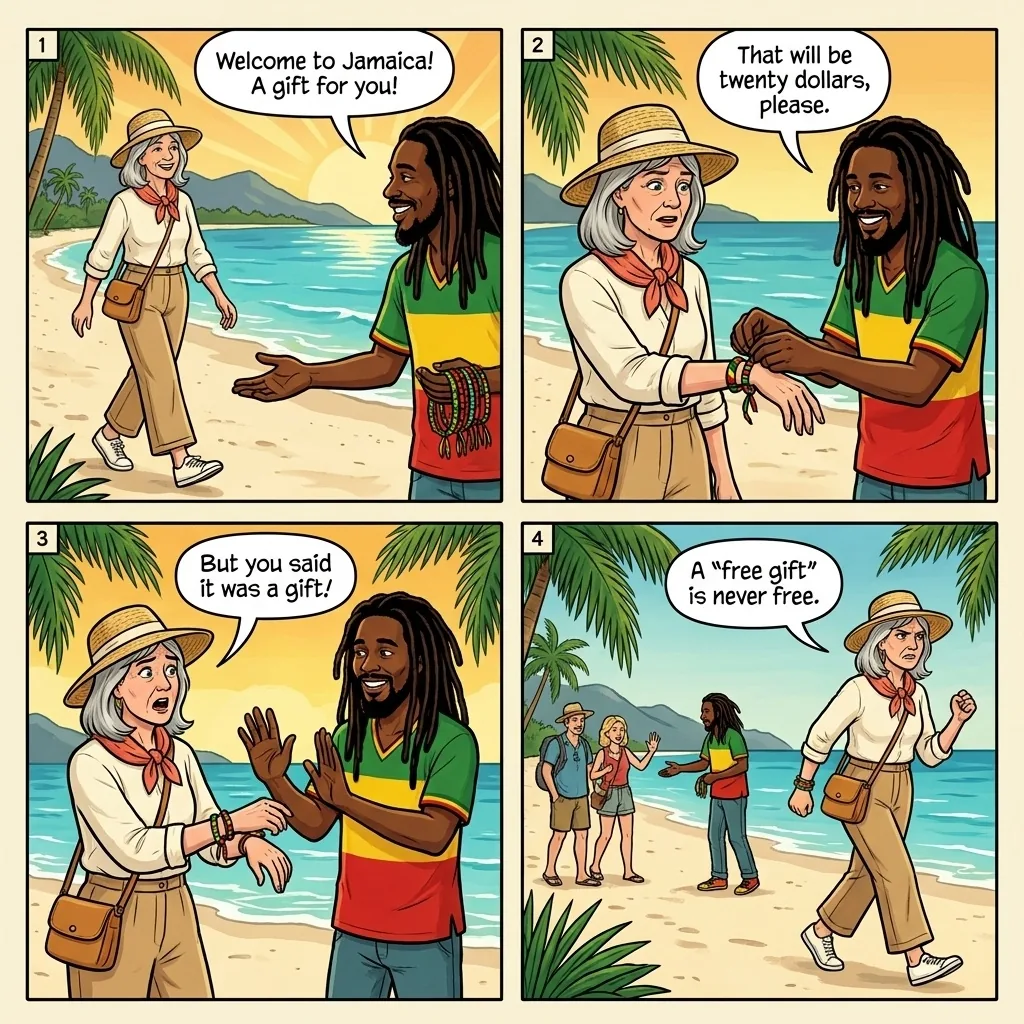 The Friendship Bracelet and Free Gift Hustle — comic illustration