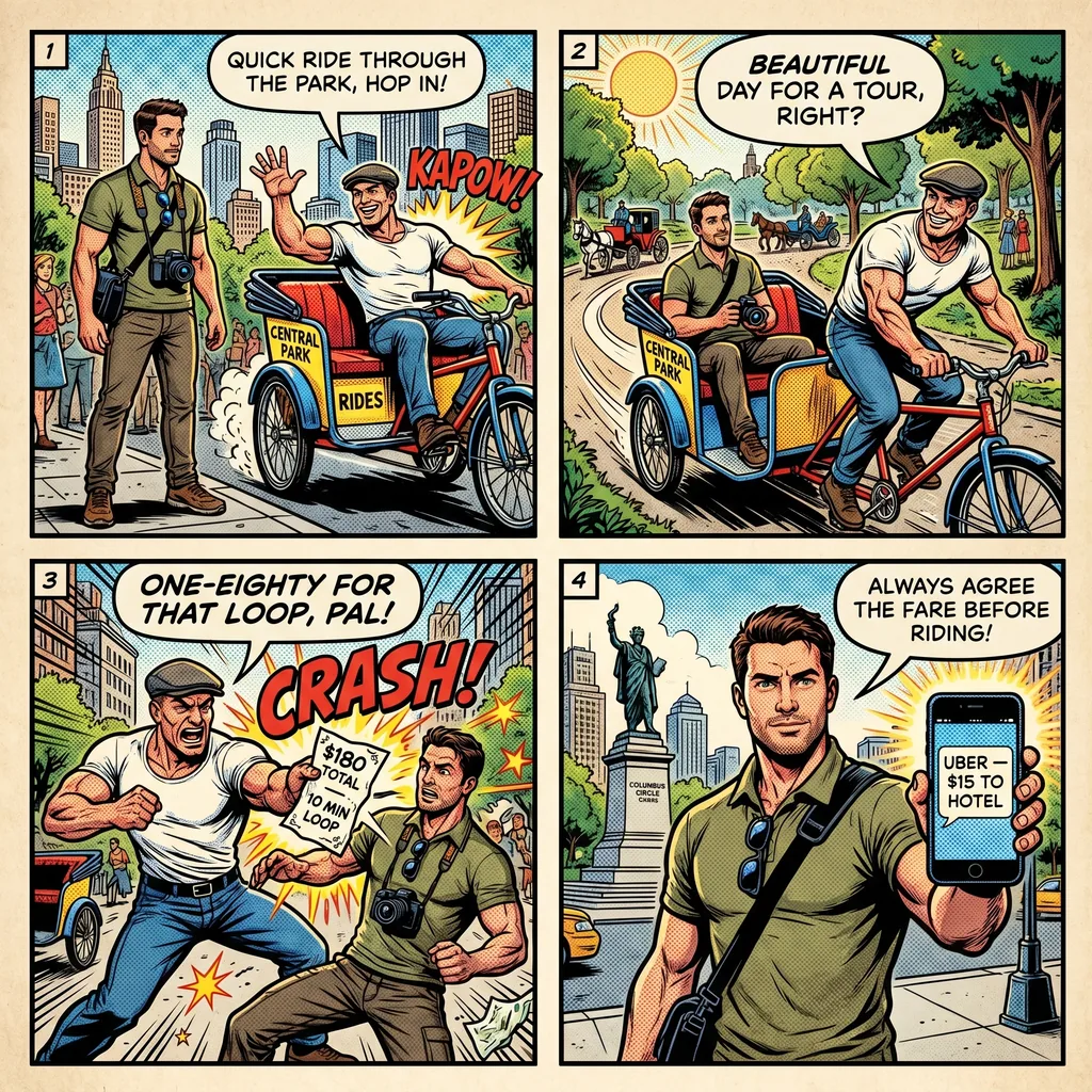 Pedicab Price Trap — comic illustration
