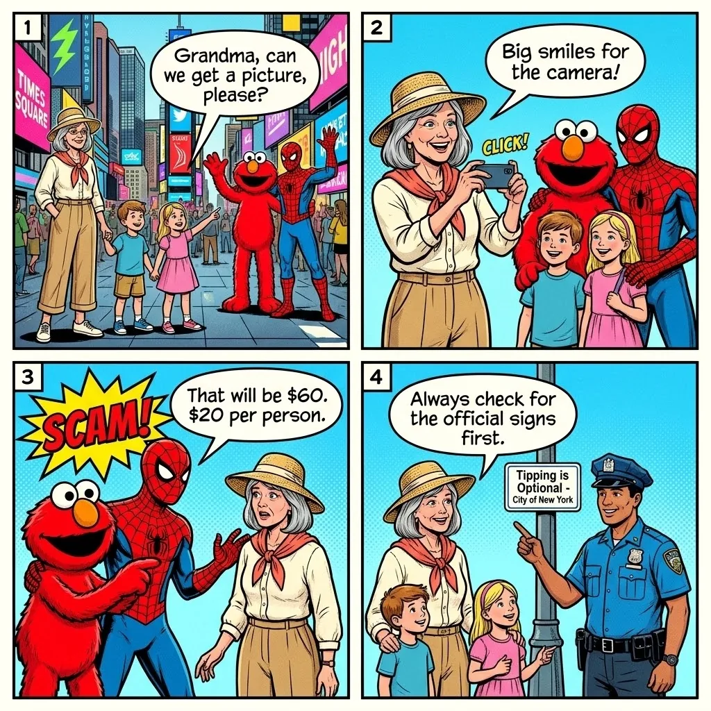 Times Square Character Photo Shake-Down — comic illustration