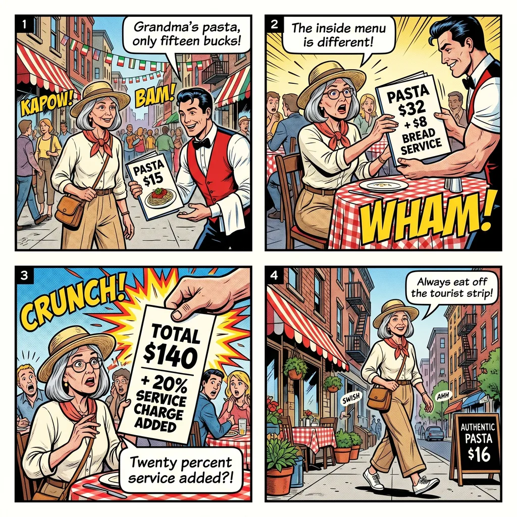 Restaurant Menu Bait-and-Switch — comic illustration