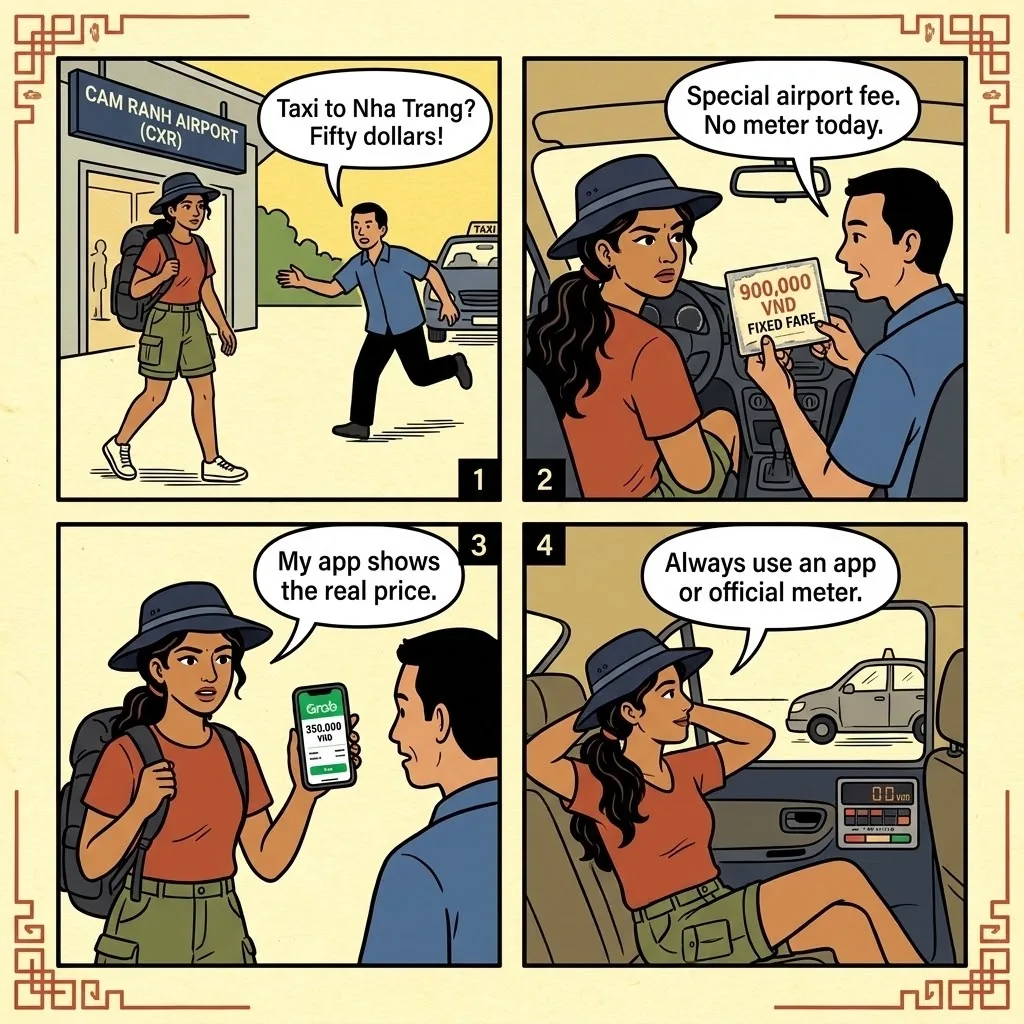 Cam Ranh Airport & Nha Trang Taxi Overcharge — comic illustration