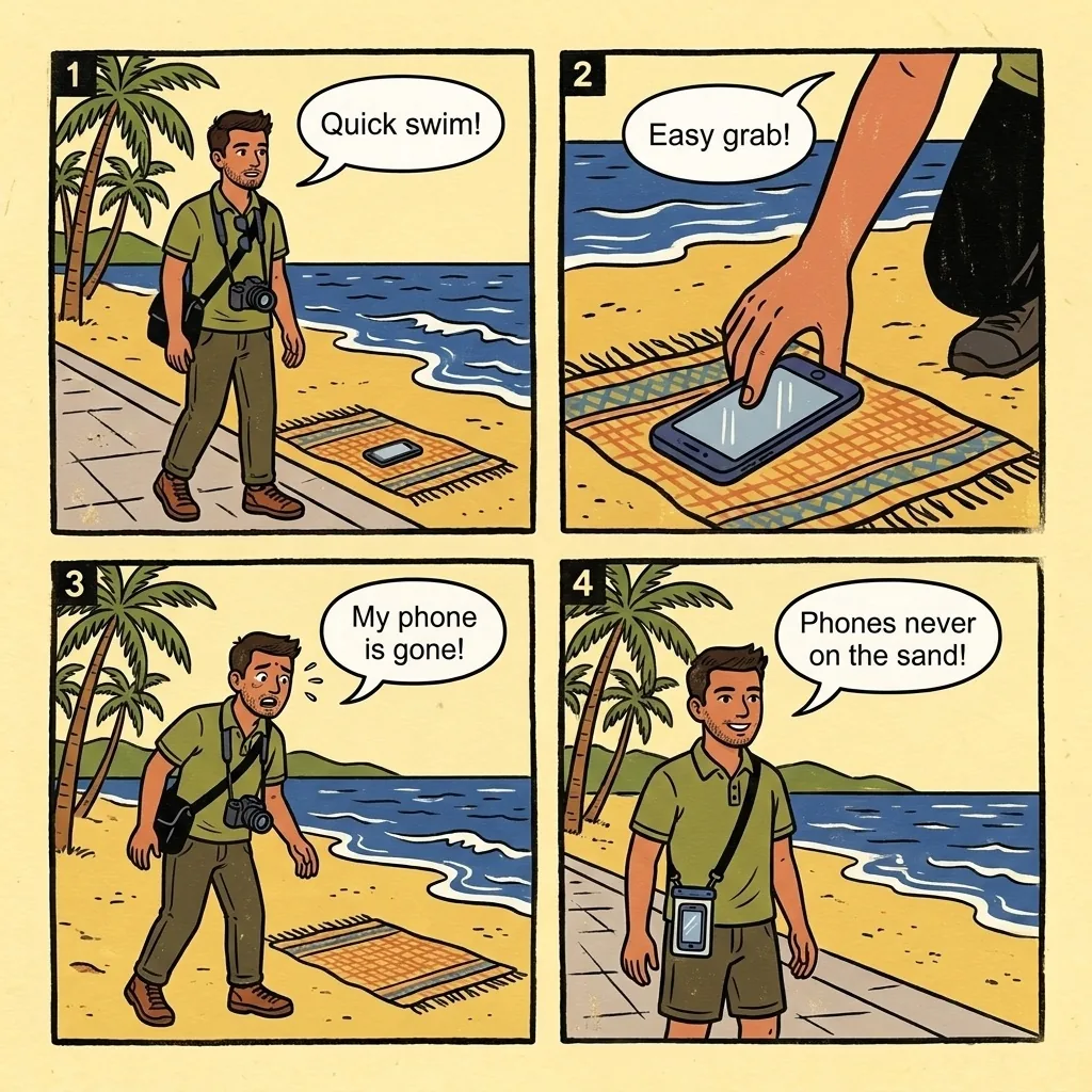 Nha Trang Beachfront iPhone & Valuables Theft — comic illustration