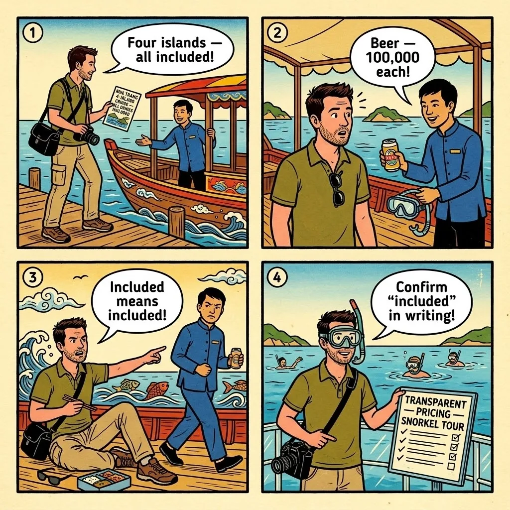 Nha Trang 4-Island Booze Cruise & Snorkel Tour Upsells — comic illustration