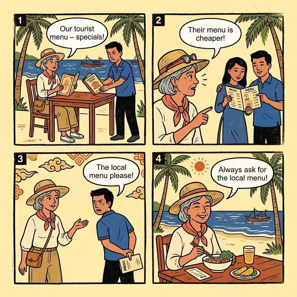 Russian-Tourist-Area Price Discrimination & Dual-Menu Scam — comic illustration